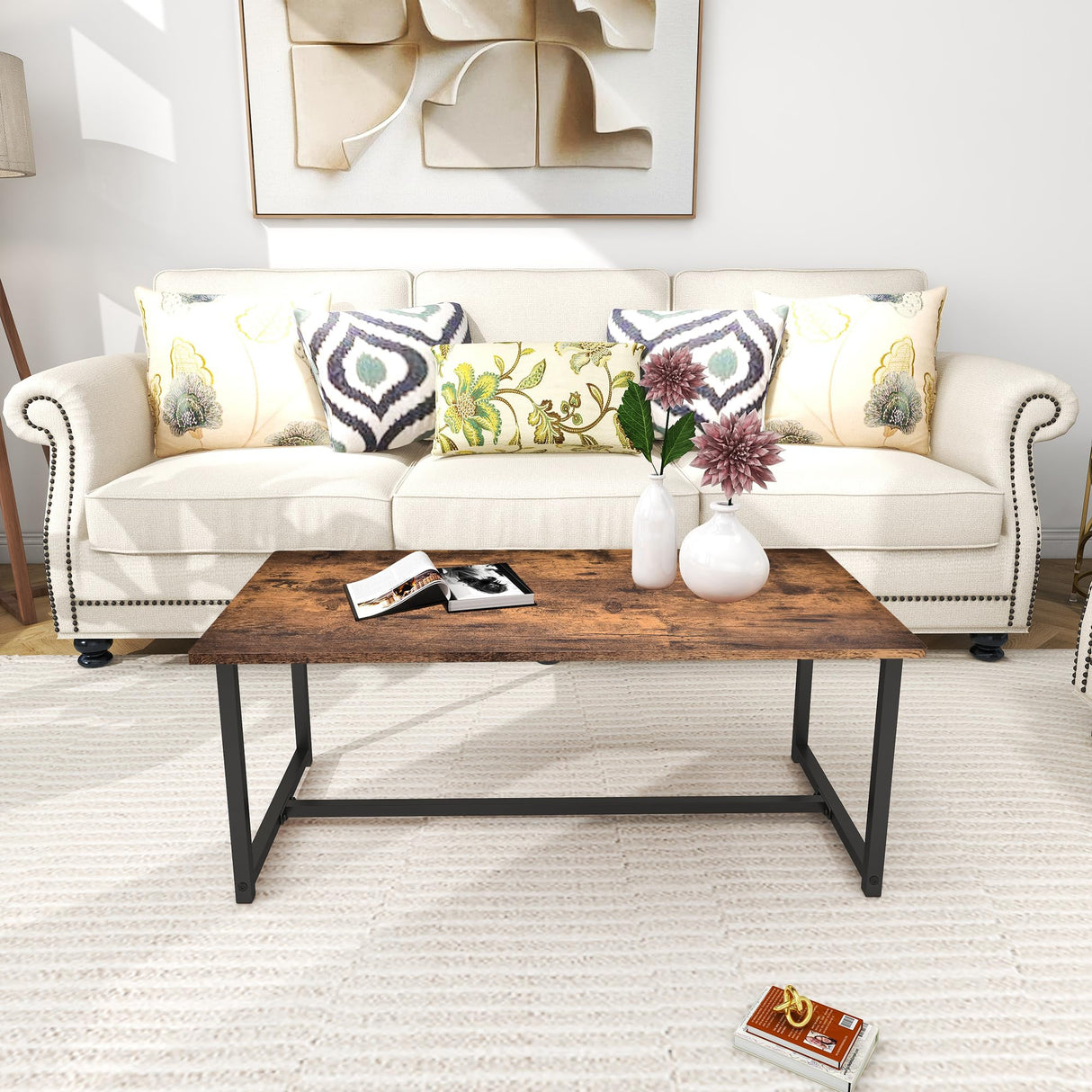 VERFARM 35.4" Rectangular Coffee Table for Living Room, Modern Industrial Style Coffee Table Center Table with Metal Frame for Small Space, Apartment, Office, Easy Assembly, Brown VERFARM