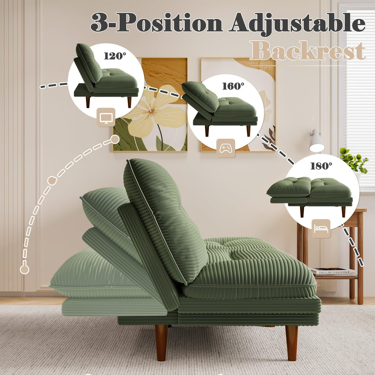 Homall Futon Sofa Bed, Modern Loveseat Futon Couch with Adjustable Backrest and Armrests, Sleeper Sofa Bed with Wood Frame for Living Room, Office, Apartment (Corduroy, Green) Homall