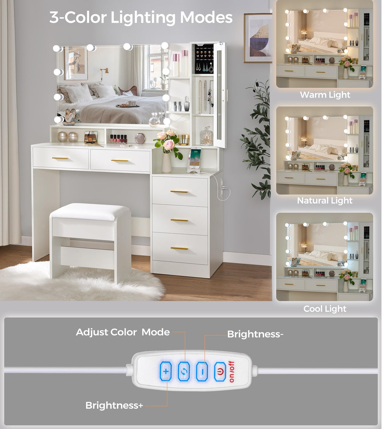 ANWBROAD Large Vanity Desk with Mirror and Lights 45.3" Makeup Vanity with Charging Station Nightstand 3 Lighting Modes Vanity Table Set with 5 Drawers Jewelry Cabinet Glass Door Bedroom White UBDT68W ANWBROAD