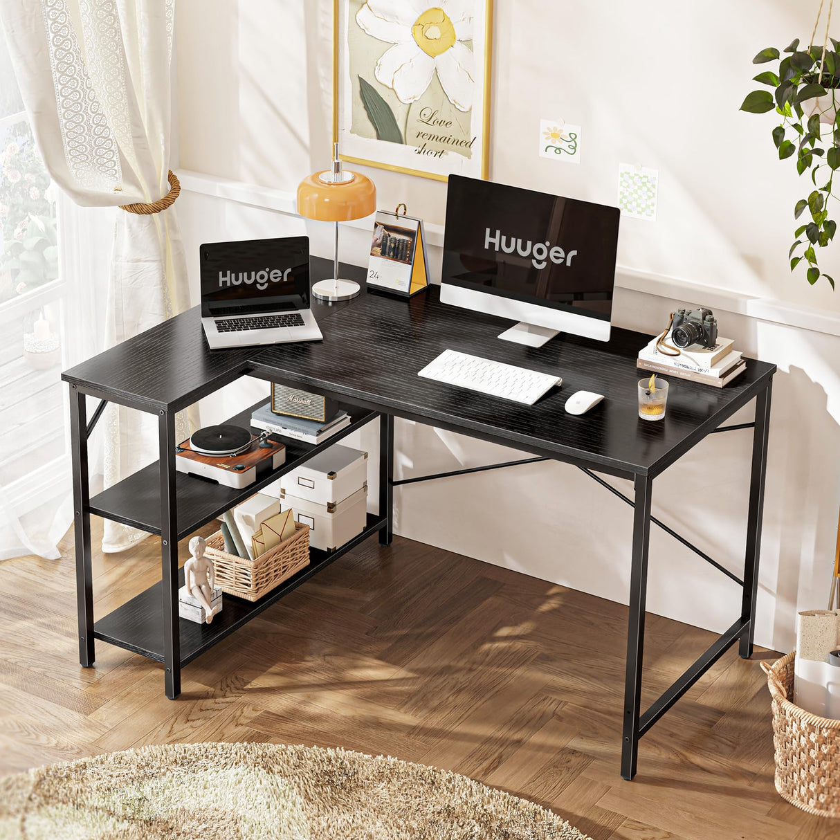 Huuger L Shaped Desk, 47 Inches Computer Desk with Reversible Storage Shelves, Gaming Desk, Corner Desk Home Office Desks, Writing Desk Study Desk with Metal Frame, Black Huuger