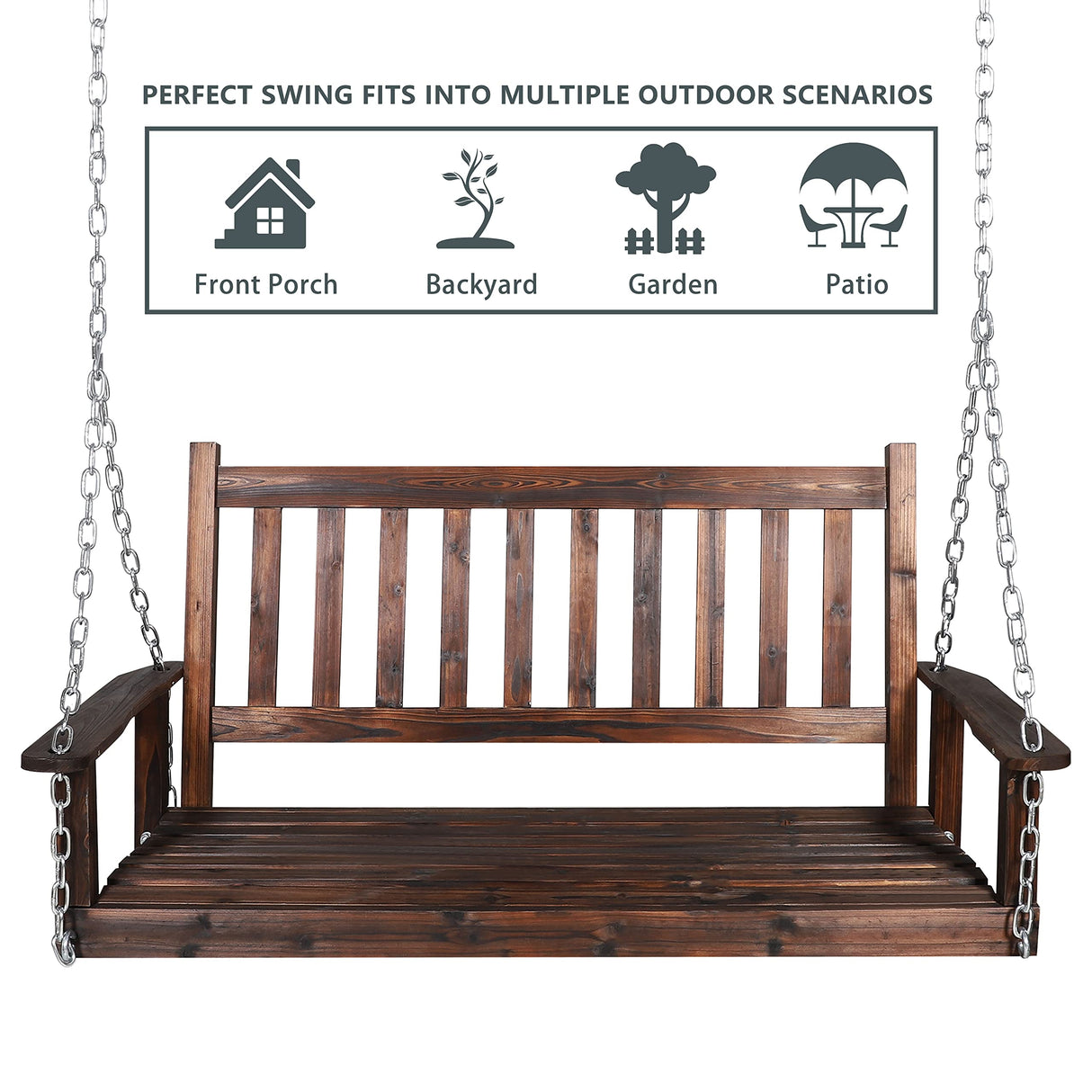 MUPATER Outdoor Patio Hanging Wooden Porch Swing 4FT with Chains, 2-Person Heavy Duty Swing Bench for Garden and Backyard, Rustic MUPATER