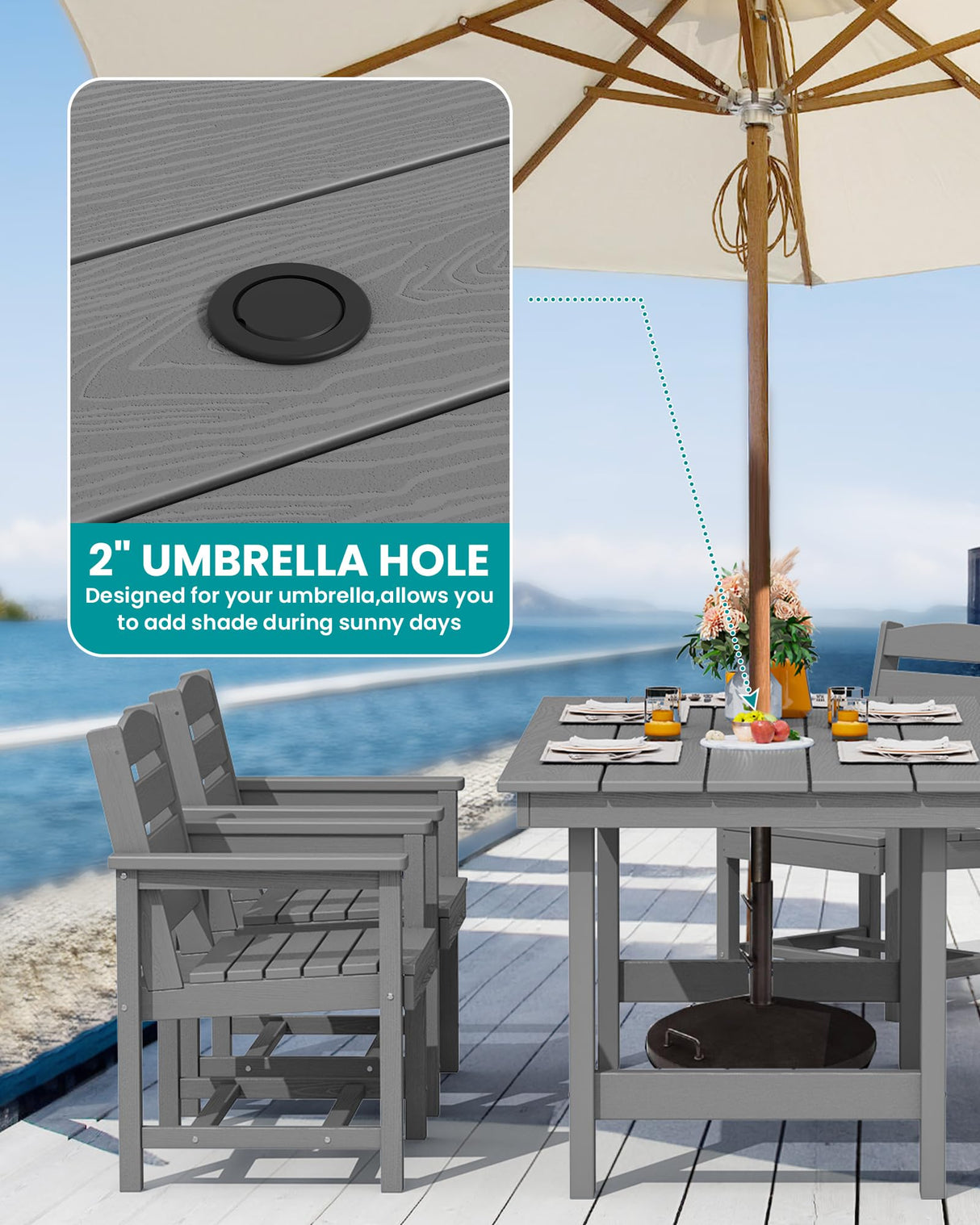 SERWALL Outdoor HDPE Dining Table Set, 7-Piece Outdoor Dining Table Sets with Umbrella Hole Cut-Out Table and 6 Chairs, Gray SERWALL