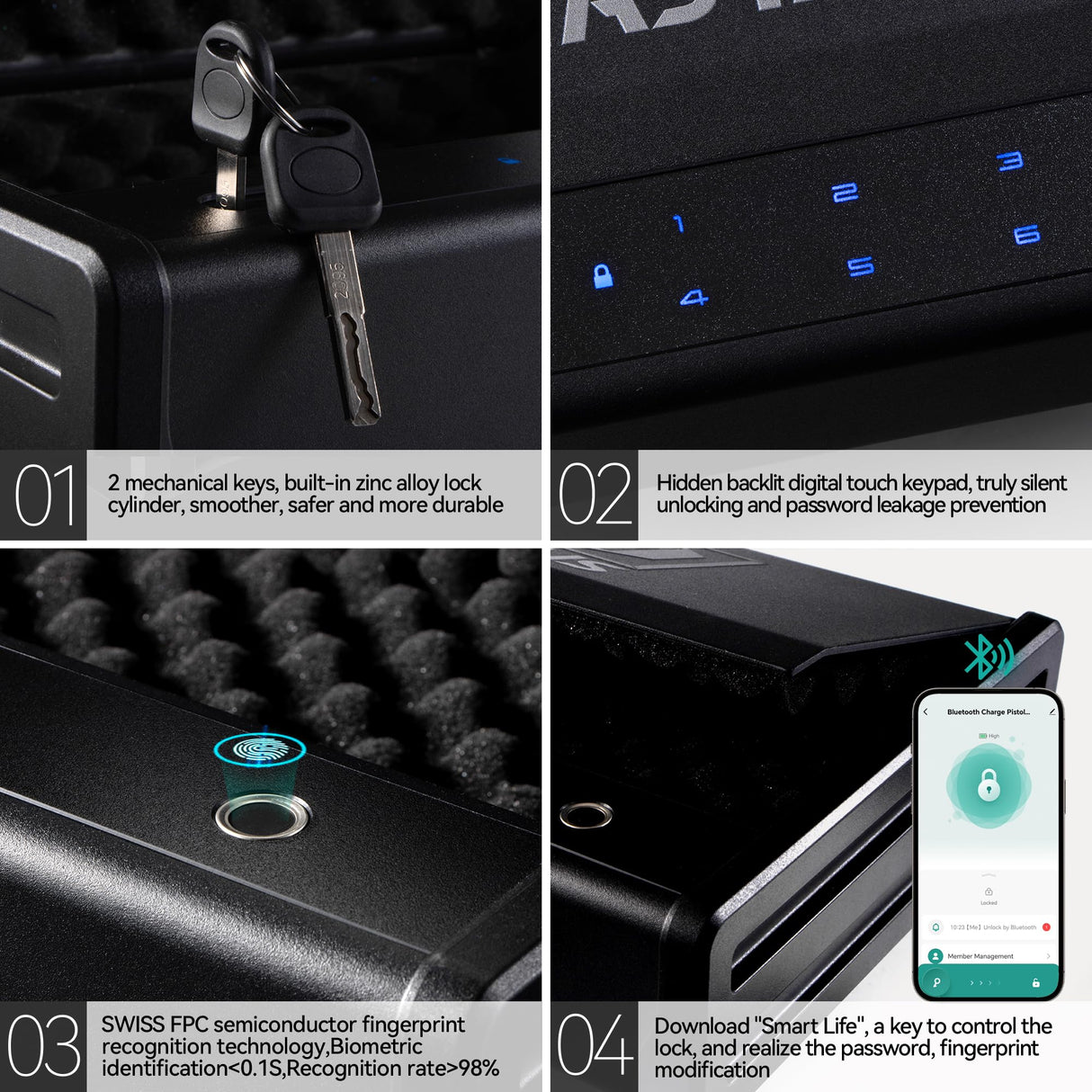 NASTAIS Biometric Fingerprint Gun Safe Pistol Safe 4 Ways 0.1S Quick Access, Fingerprint/Passcode/Key/App Unlock with Rechargeable Battery, Large Capacity Handgun Safe for 2 Pistols NASTAIS