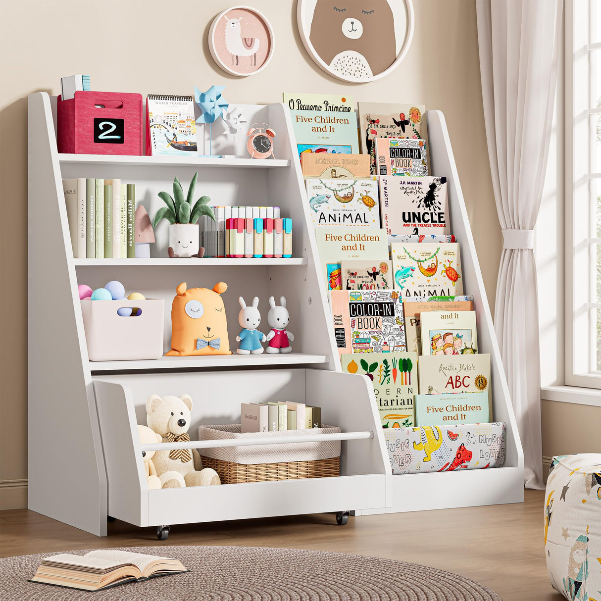 IRONCK Kids Bookshelf and Toy Storage, 42" Wide Large Toddler Bookshelf with Movable Drawer and 5 Sling Pockets, Montessori Book Shelf for Kids Rooms-White IRONCK