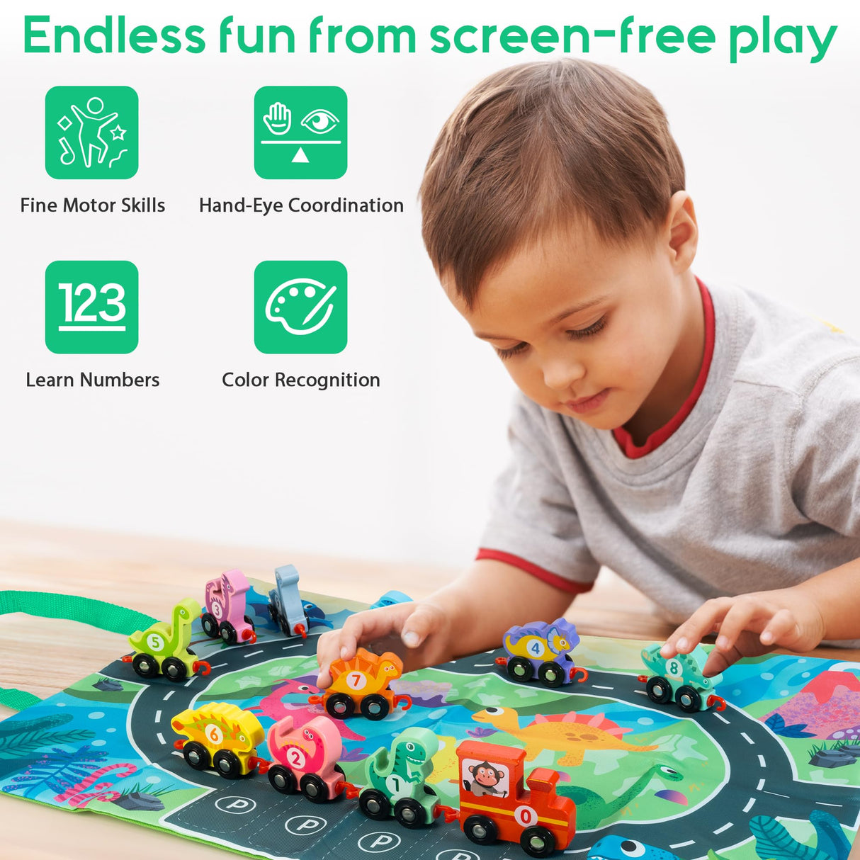 HELLOWOOD Dinosaur Toys for Toddlers Age 2-4, Wooden Dinosaur Train Set with Playmat/Storage Bag, Montessori Educational Toys for 2+ Years Old Boys & Girls HELLOWOOD