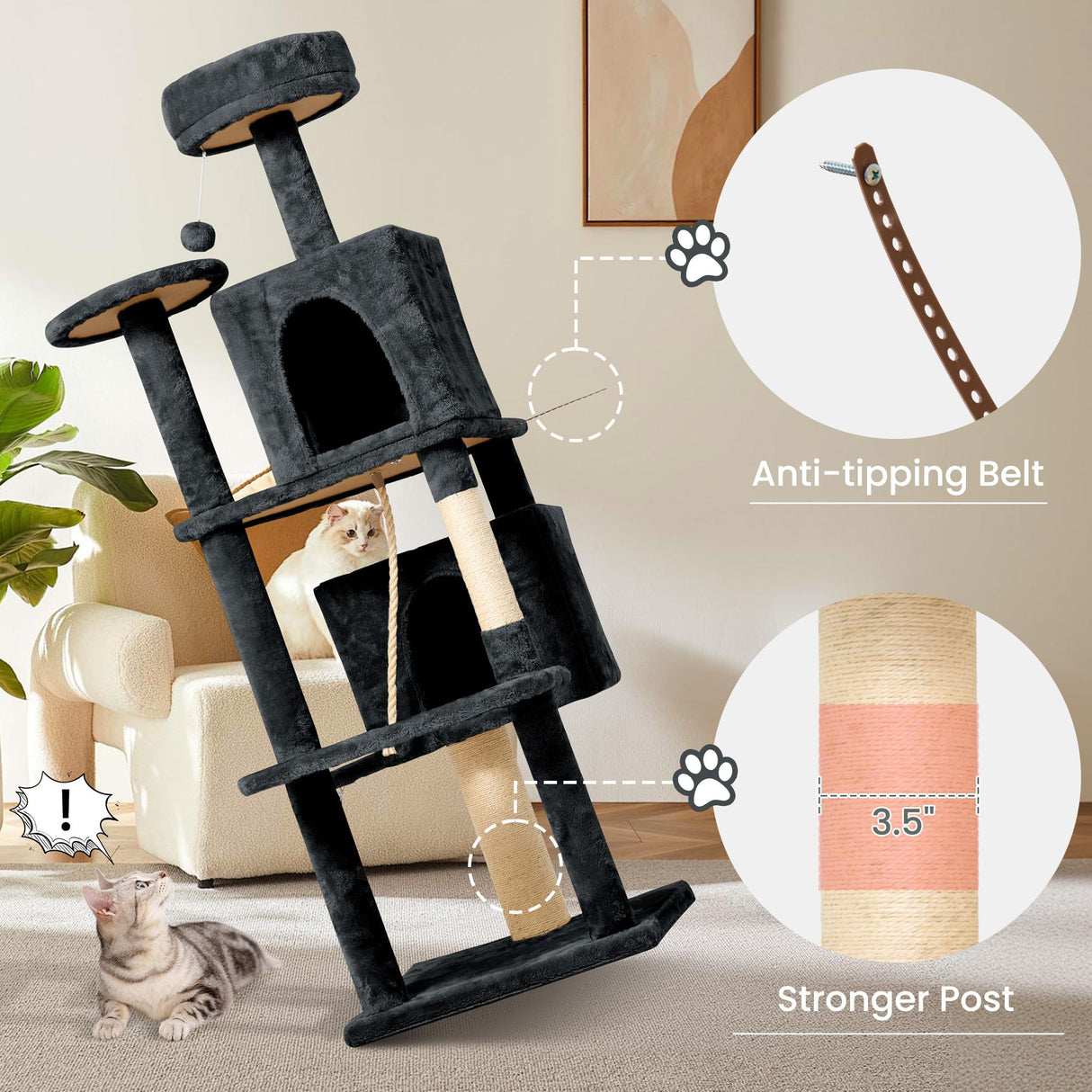 TSCOMON 58.5inch Large Cat Tree Tower Condo for Indoor Cats, Soft Plush Multi-Level Climbing Tree Cat House with 1 360° Rotating Cat Cave, Scratching Post, More Entrance/Exit, Sisal Rope, Grey Black TSCOMON