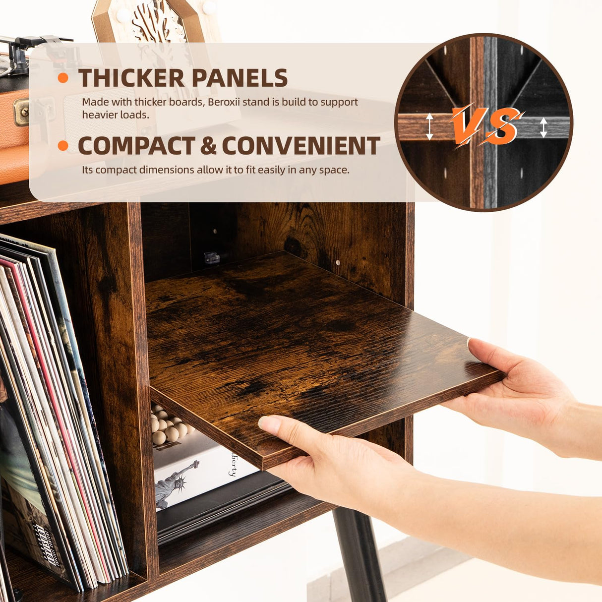 UODERS Record Player Table, Mid-Century Record Player Stand with Vinyl Storage Hold Up to 150+ Albums, Vinyl Record Cabinet with Adjustable Shelves, Wood Turntable Stand for Music Living Room (Brown) UODERS