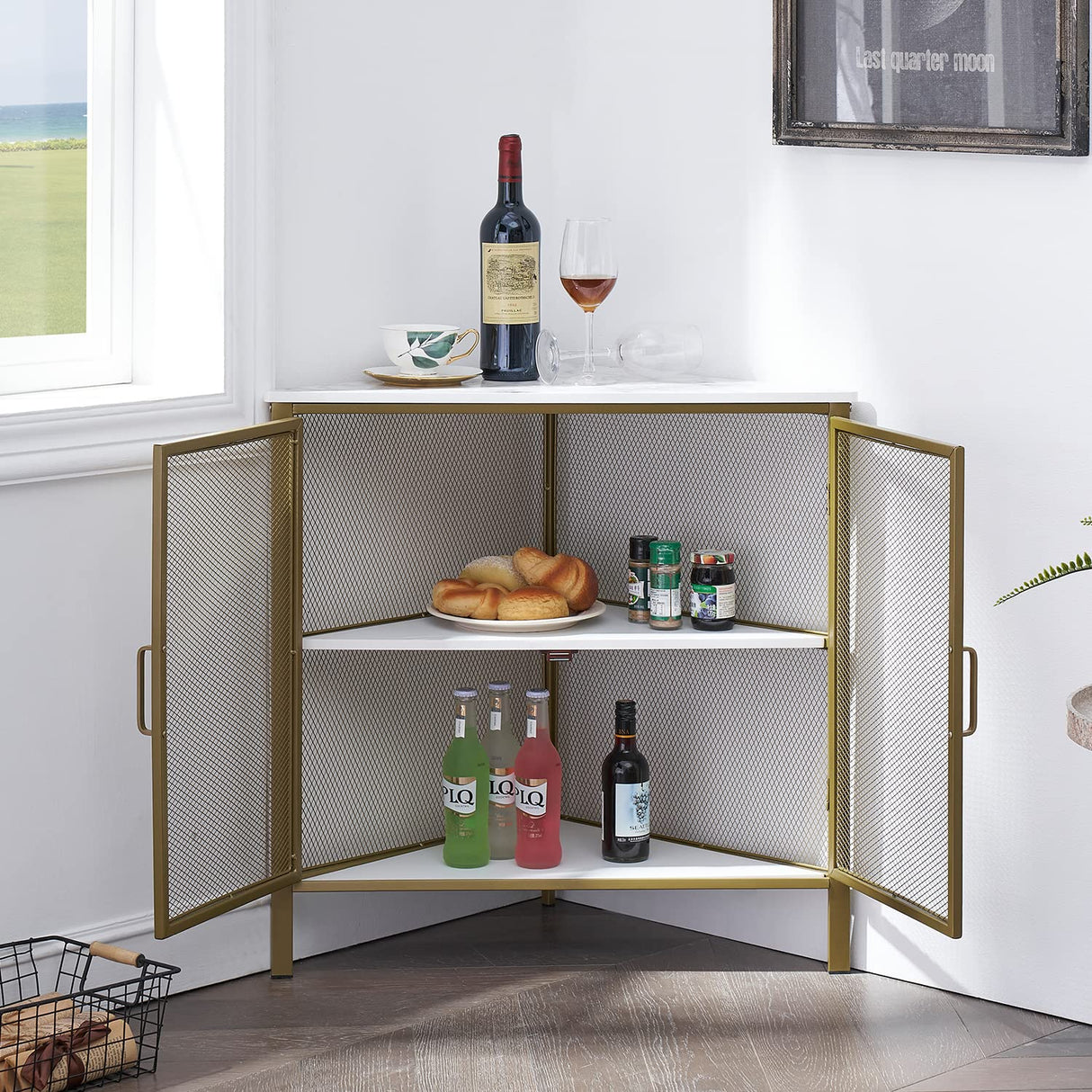 VECELO Corner Cabinet/Table, 3-Tier Shelves with Protection Door, Metal Frame Storage Shelf Organizer for Small Space, Living Room, Kitchen, Bathroom, Set of 1, Gold VECELO