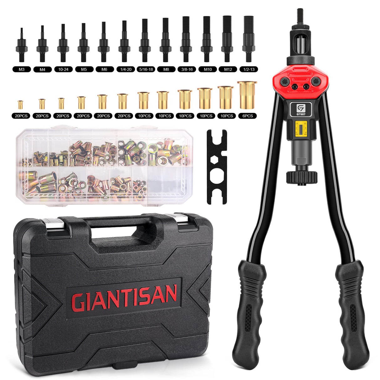 Rivet Nut Tool, GIANTISAN 16-Inch Rivnut Tool Kit with 12 Metric and SAE Mandrels, 176Pcs Rivet nut Assortment Kit, and Rugged Carrying Case G GIANTISAN