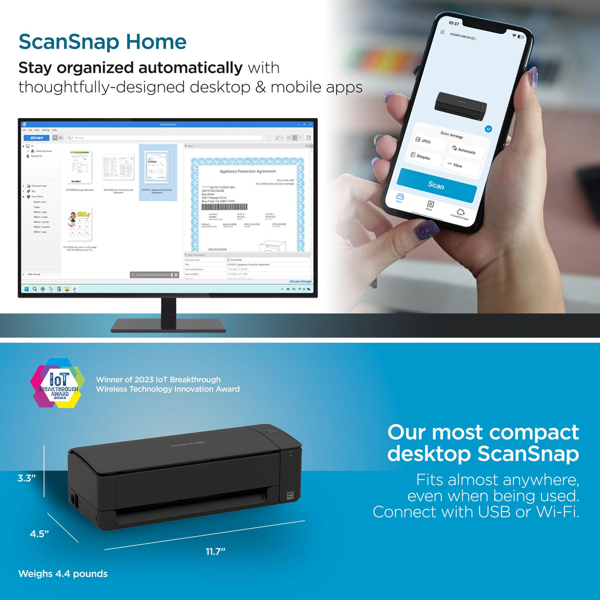 ScanSnap iX1300 Compact Wireless or USB Double-Sided Color Document, Photo & Receipt Scanner with Auto Document Feeder and Manual Feeder for Mac or PC, Black ScanSnap