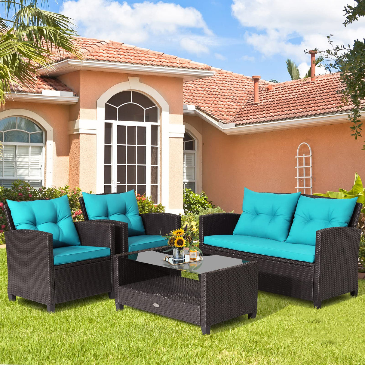 Tangkula 4-Piece Patio Furniture Set, Rattan Wicker Chair Set with 1 Loveseat, 2 Single Sofas, 1 Coffee Table with Tempered Glass Top, Outdoor Furniture Sets for Backyard, Porch, Garden and Poolside Tangkula