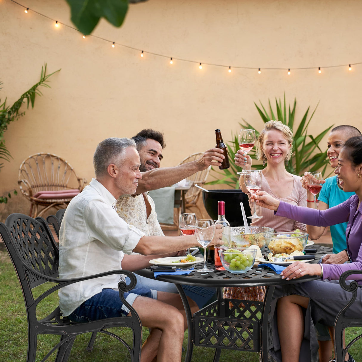 NUU GARDEN 5 Piece Outdoor Patio Dining Set, Cast Aluminum Round Dining Table with Umbrella Hole and Patio Dining Chairs for Patio, Garden, Backyard, Balcony, Black with Bronze Edge NUU GARDEN