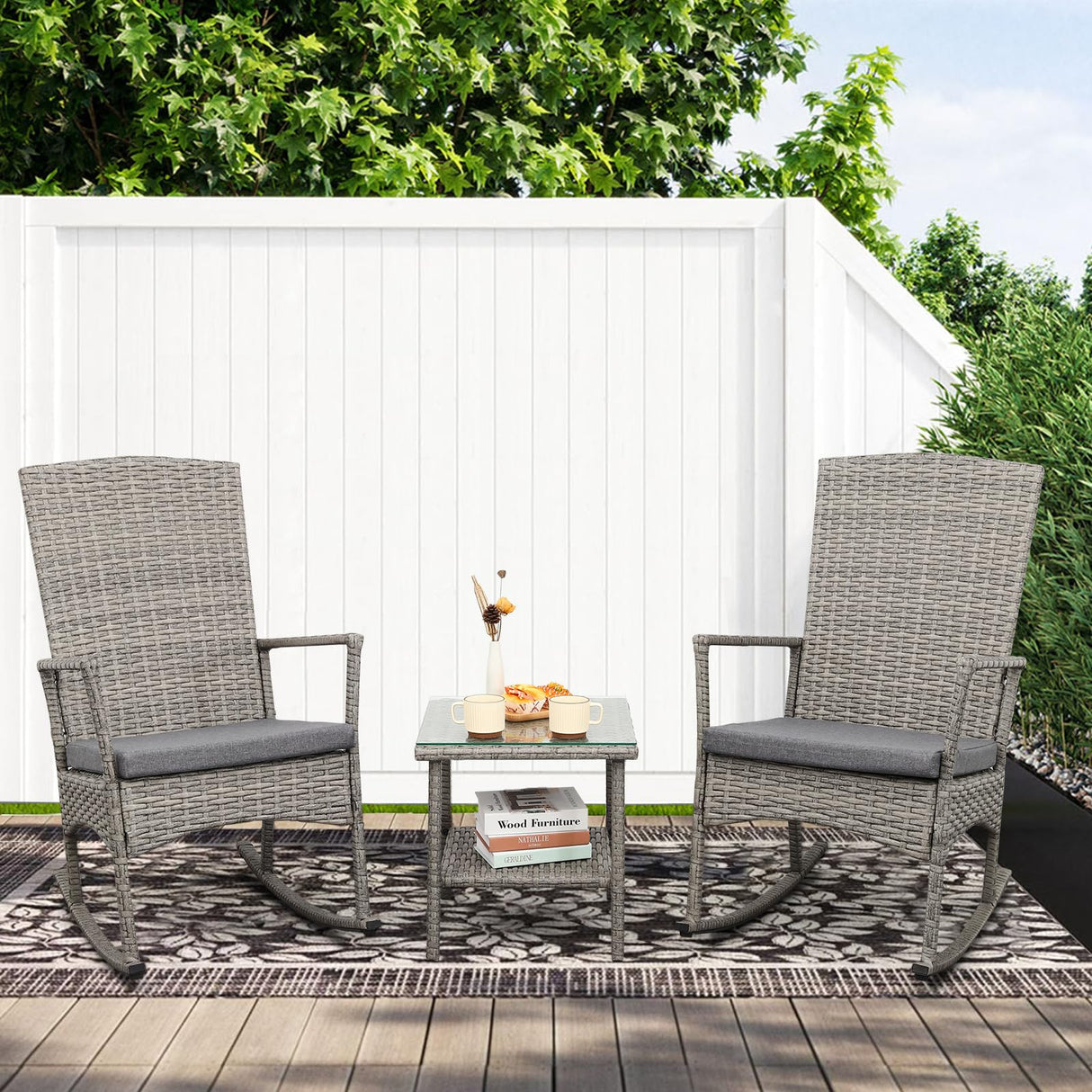 Valita 3 Piece Patio Rocking Chair Outdoor Rattan Bistro Set with Glass Top Table Conversation Set with Grey PE Wicker, Gray Cushion Valita