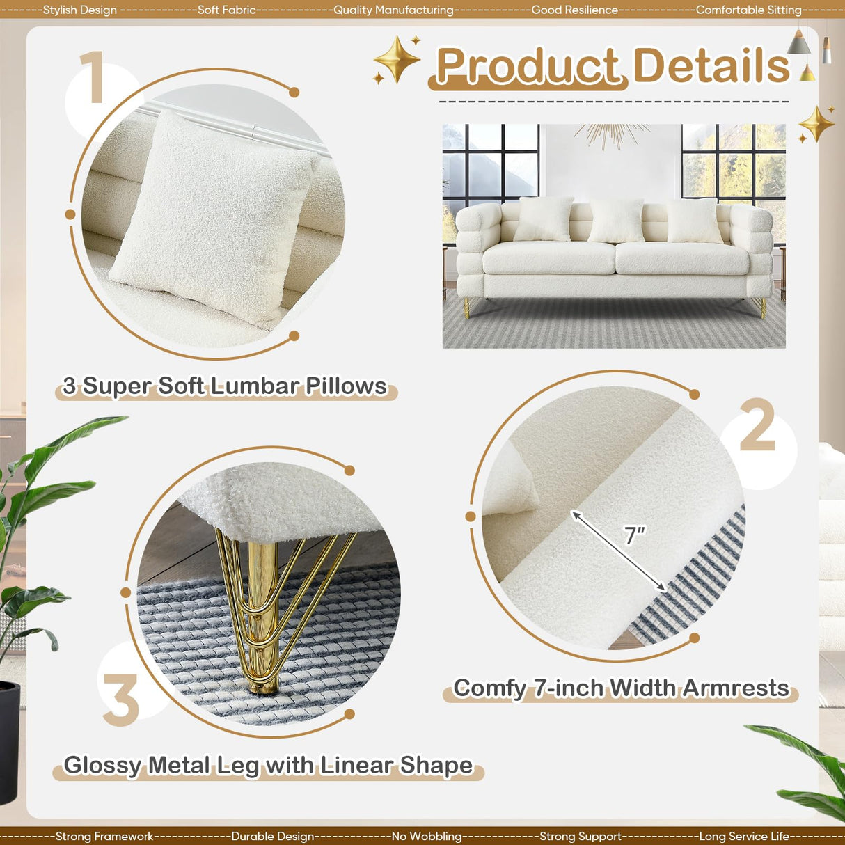 Comfy 3 Seater Sofa, 81-inch Oversized Boucle Couch with Deep Seat Design, Upholstered Sofa Couch with 2 Pillows, Modern Living Room Sofa with Stylish Metal Legs for Office, Waiting Room, White Teddy KINFFICT