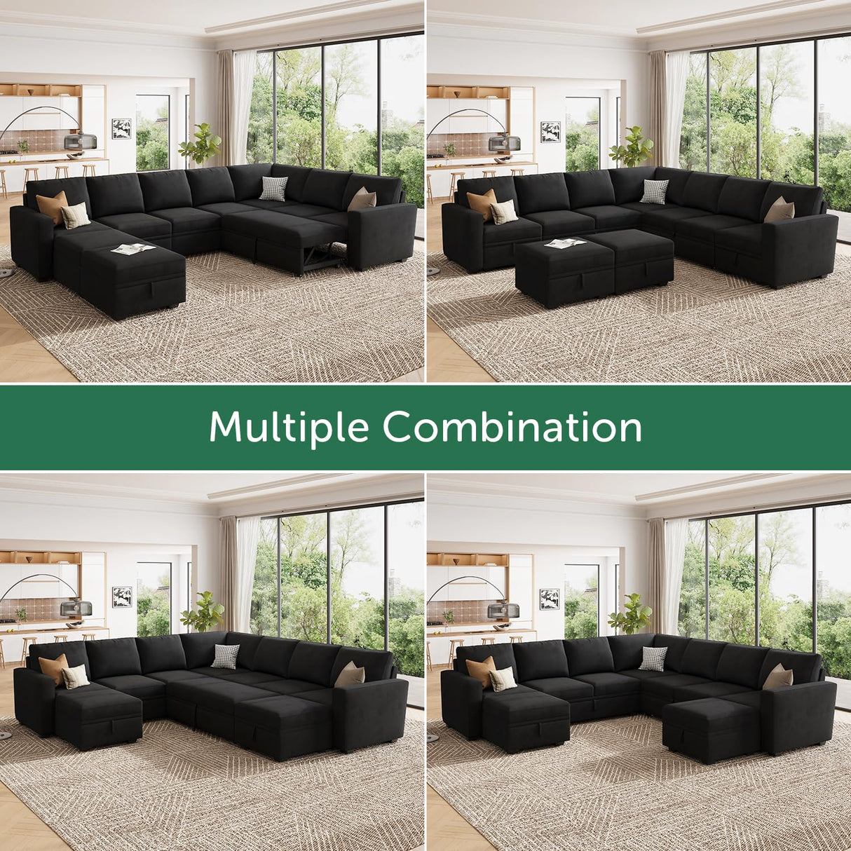 HONBAY Modular Sectional Sleeper Sofa with Pull Out Couch, Oversized U Shaped Sleeper Pull Out Bed with Storage Sectional Couches for Living Room - Black HONBAY