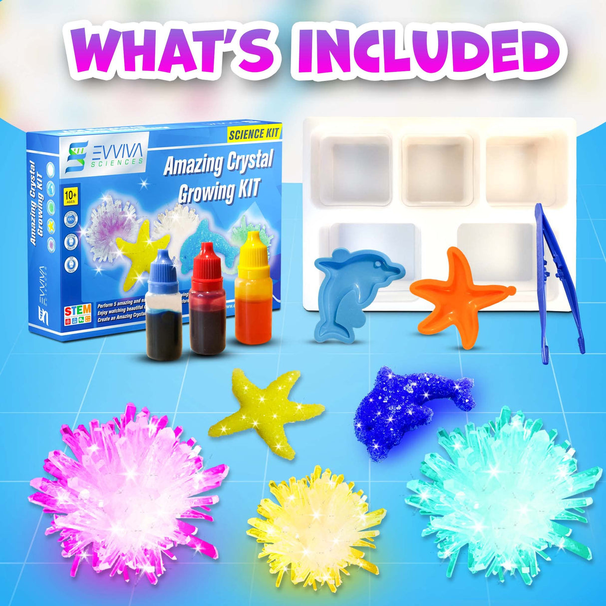 Evviva Sciences Crystal Growing Kit for Kids Science Kit to Make & Grow Rocks, Crystals, Gems – Easy All Inclusive Set – Chemistry, Geology & Learning Experiment Toy – w/eBook ES EVVIVA SCIENCES