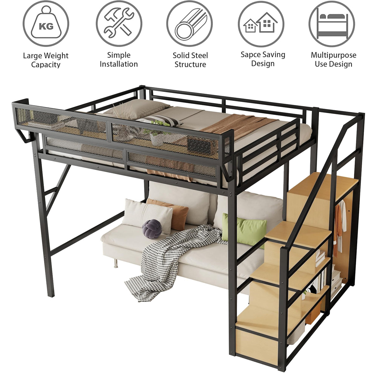 Duxelifin Queen Size Loft Bed with Staircase, Metal Loft Beds with Storage Shelves & Wardrobe, High Lofted Bed Frame, loft Tall Bed for Boys Girls and Teens, No Box Spring Needed (Black) Duxelifin