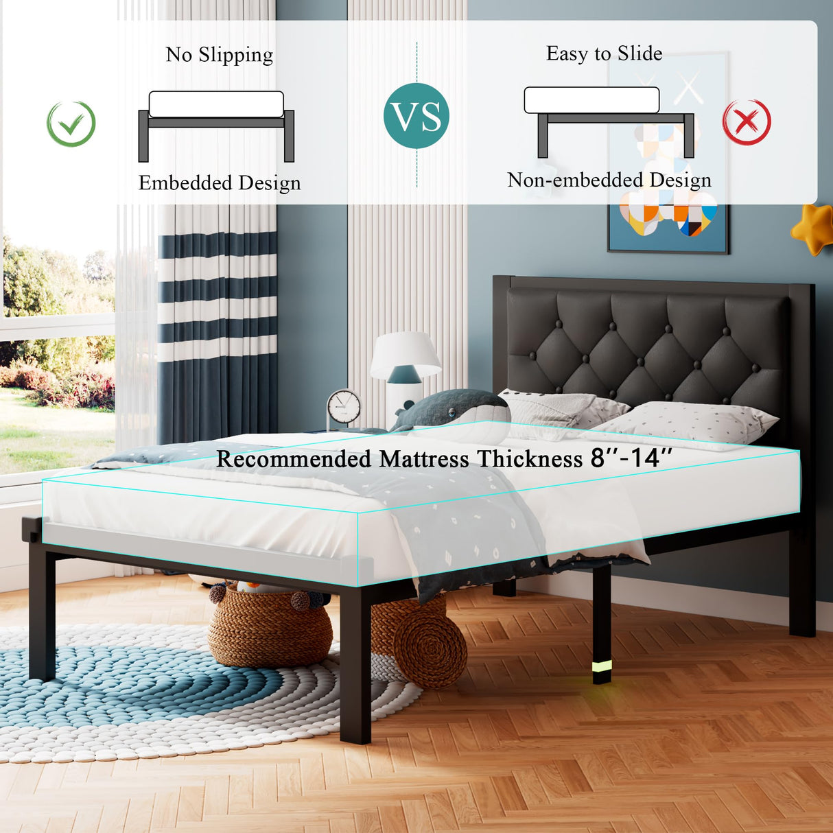 iPormis Twin Size Metal Bed Frame, Faux Leather Platform Bed Frame with Button Tufted Headboard, 12" Underbed Space, Steel Slats Support, Easy Assembly, No Box Spring Needed, Black iPormis