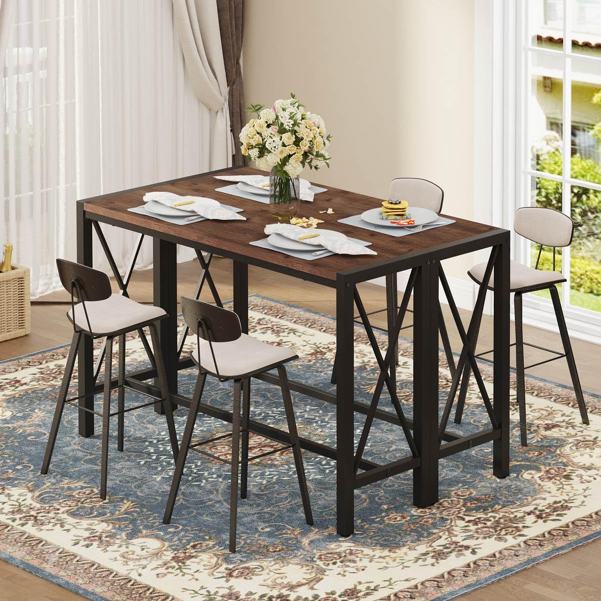 Rustic Oak BON AUGURE 55" Counter Height Bar Table - Tall Pub Console for Dining and Living Spaces BON AUGURE