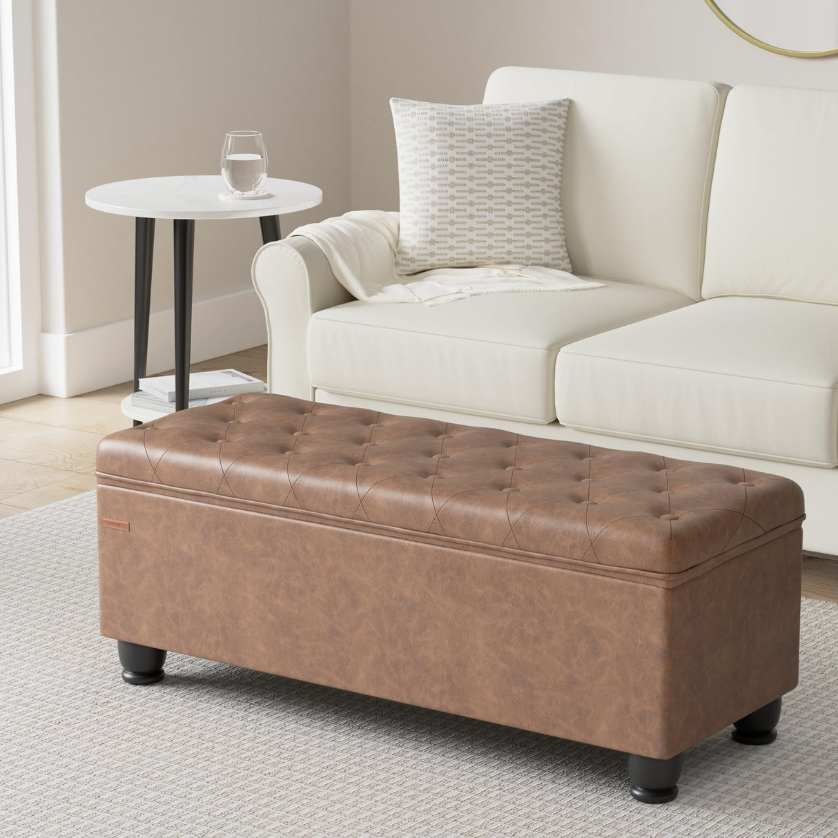 SONGMICS Storage Ottoman, Storage Bench, Tufted Entryway Bedroom Bench, 17.7 x 46.5 x 17.7 Inches, Hinges Easy Lid Operation, Wooden Legs, Synthetic Leather, Loads 330 lb, Coffee Brown ULOM071K01 SONGMICS