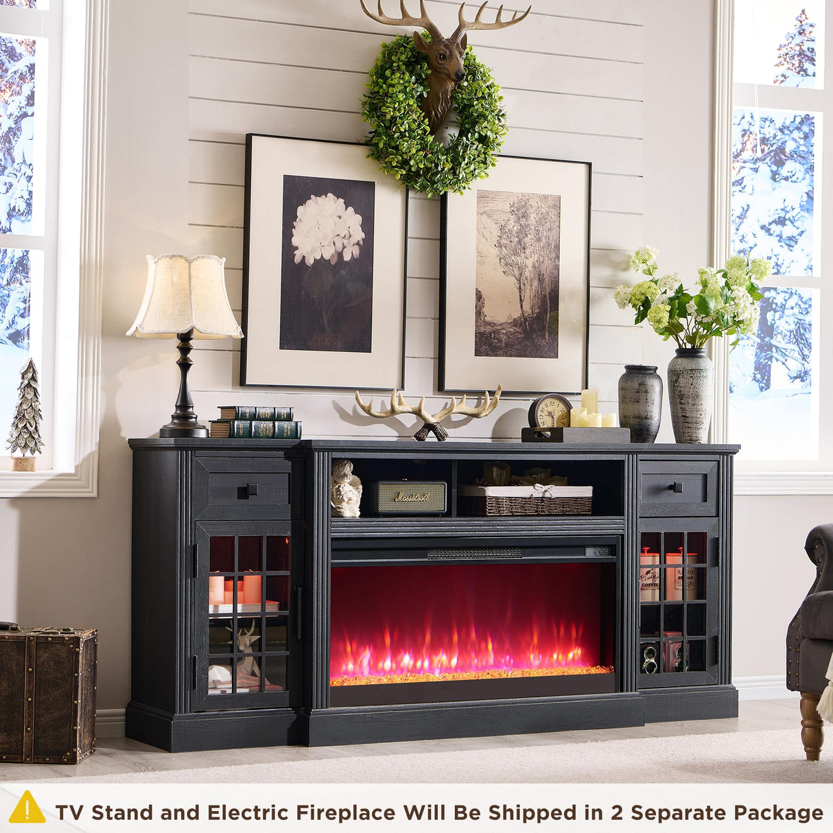 JXQTLINGMU Fireplace TV Stand for 80 Inch TV, Farmhouse Highboy Entertainment Center w/LED Lights & 36" Electric Fireplace, Large Media Console w/Glass Door Cabinet & Storage Drawer, Black JXQTLINGMU