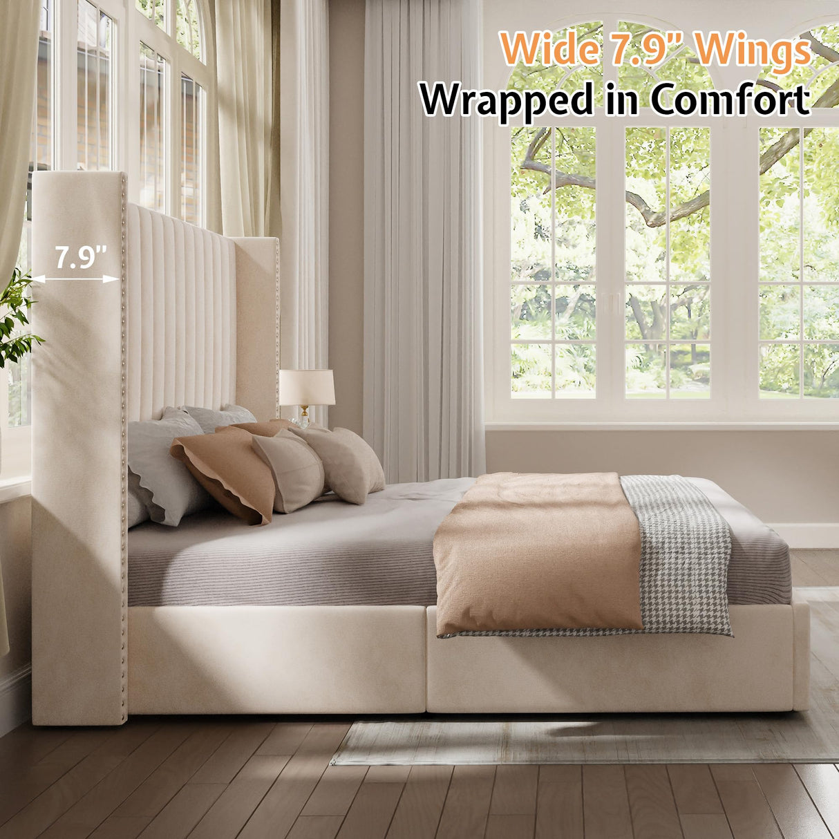 Jocisland Lift up Storage Bed Frame King Size, Upholstered Platform Bed Velvet with Channel Tufted Wingback Headboard, No Box Spring Needed, Cream Jocisland