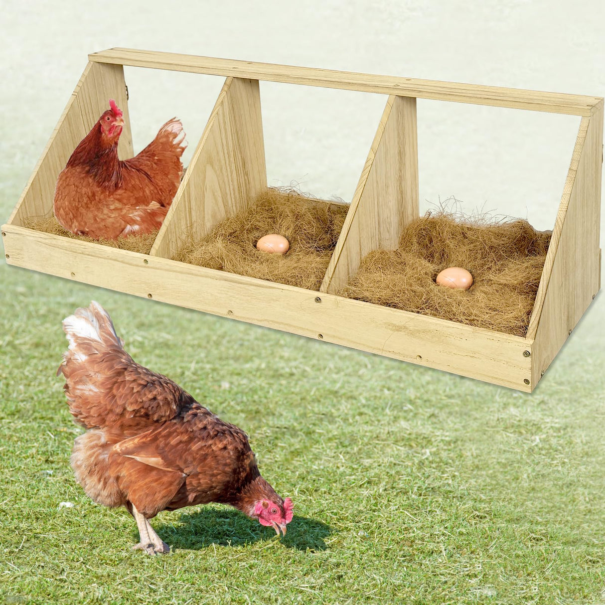 Chicken Nesting Boxes, 3 Compartment Wooden Chicken Laying Boxes, Nesting Boxes for Chickens, Hens, Ducks, Poultry Nest Box for Laying Eggs, (Includes 3 Fake Eggs, 3 Nest Box Pads) Nalwort