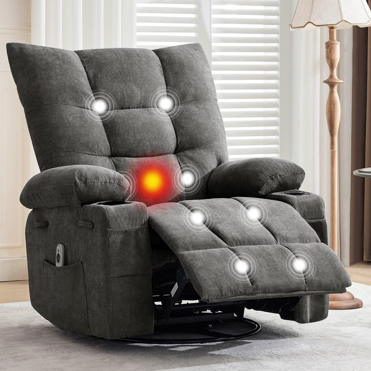 Garvee Swivel Rocker Recliner Chair with Heat and Massage, 360 Degree Swivel Rocking Single Sofa with Cup Holders, Oversized Single Sofa Seat, Lazy Boy Recliner Chairs for Living Room Garvee