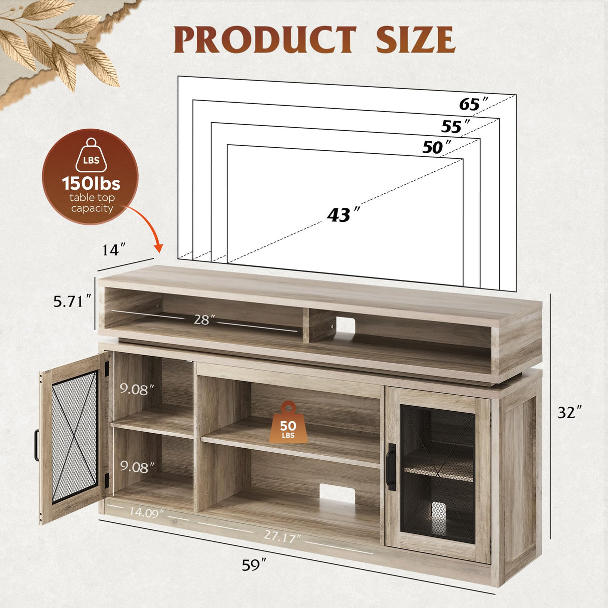 WLIVE TV Stand up to 65 Inch TV, 59" Entertainment Center with LED, Tall Farmhouse TV Media Console with Storage Cabinets for Living Room and Bedroom, Grey WLIVE