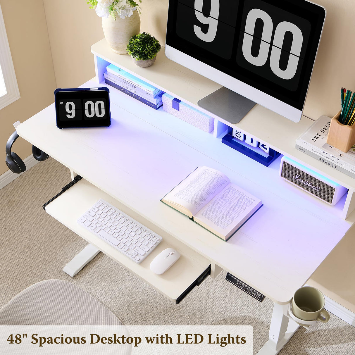 OKD Electric Standing Desk Adjustable Height, 48" x 24" Sit Stand Desk with LED Lights, Keyboard Tray, and Monitor Shelf - Modern Ergonomic Home Office Desk for Gaming and Work, Antique White OKD