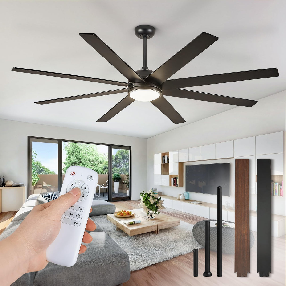 Fanbulous 65 Inch Ceiling Fans with Lights and Remote, Black Indoor/Outdoor Ceiling Fan with Quiet Reversible DC Motor, 6 Speeds, 3CCT, 8 Blades Large Ceiling Fan for Living Room Bedroom Patio Fanbulous