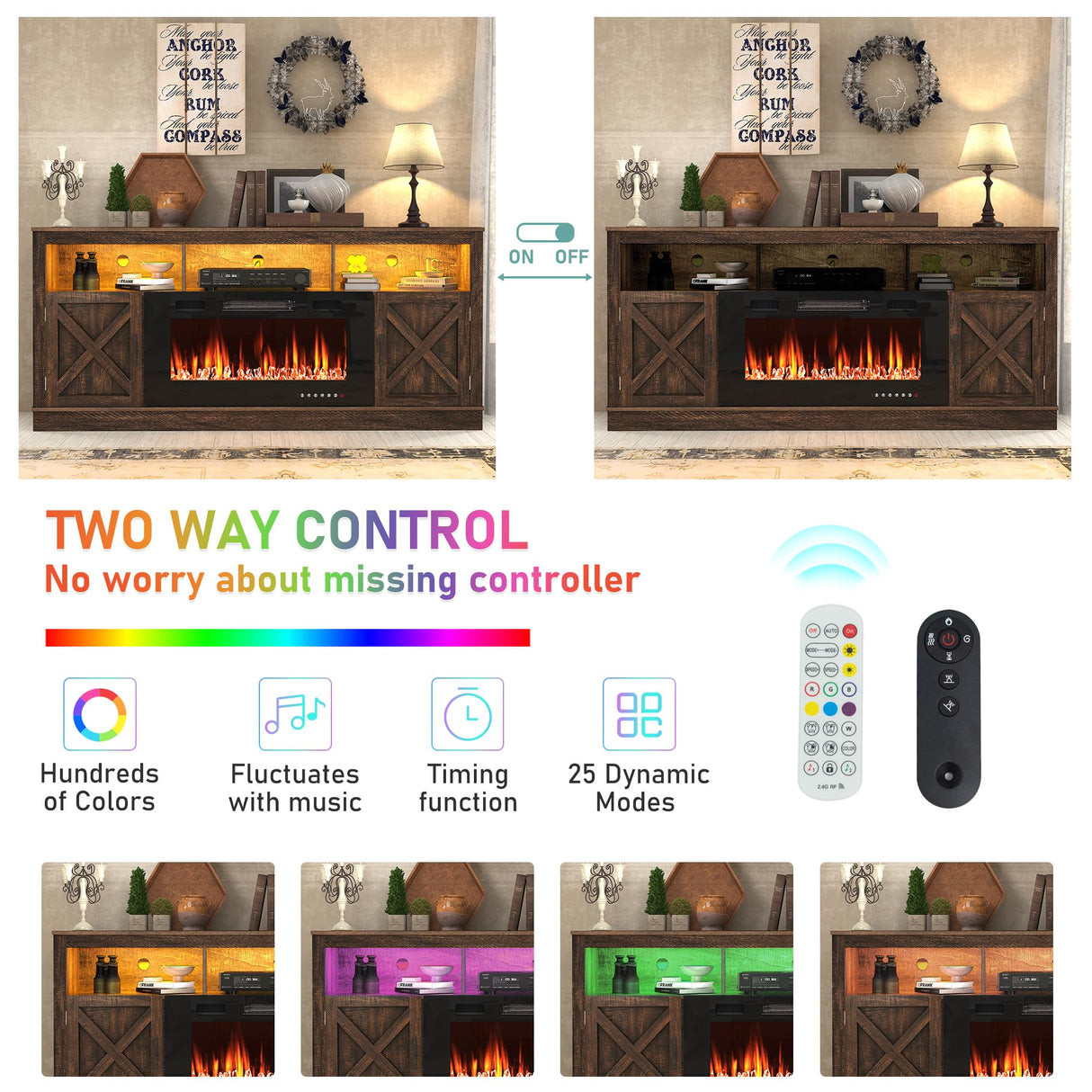 jiteentarou Farmhouse Fireplace TV Stand for 70/75/80 Inch TV, 32”Tall Entertainment Center w/ 36”Electric Fireplace & LED Light, 70”Media Console w/Barn Door Cabinet for Living Room, Brown jiteentarou