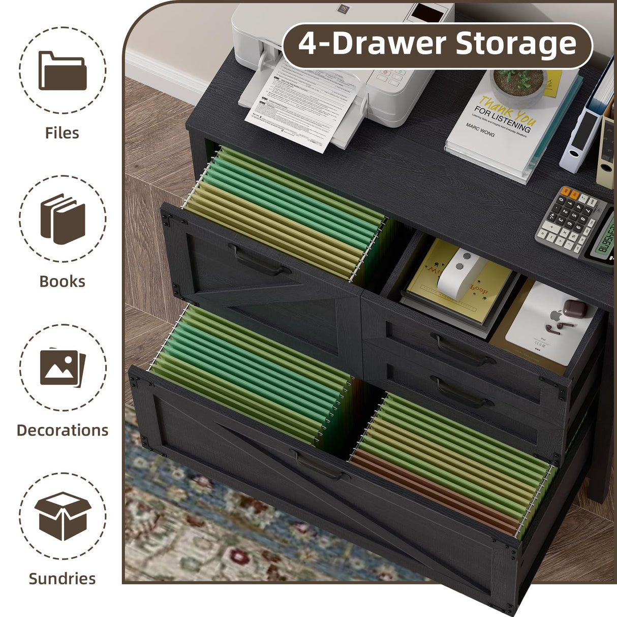 4-Drawer Wood Lateral File Cabinet for Hanging Files Letter/A4/Legal Size, Large Farmhouse File Cabinets for Home Office, Printer Stand with Office Cabinet, Black Vabches