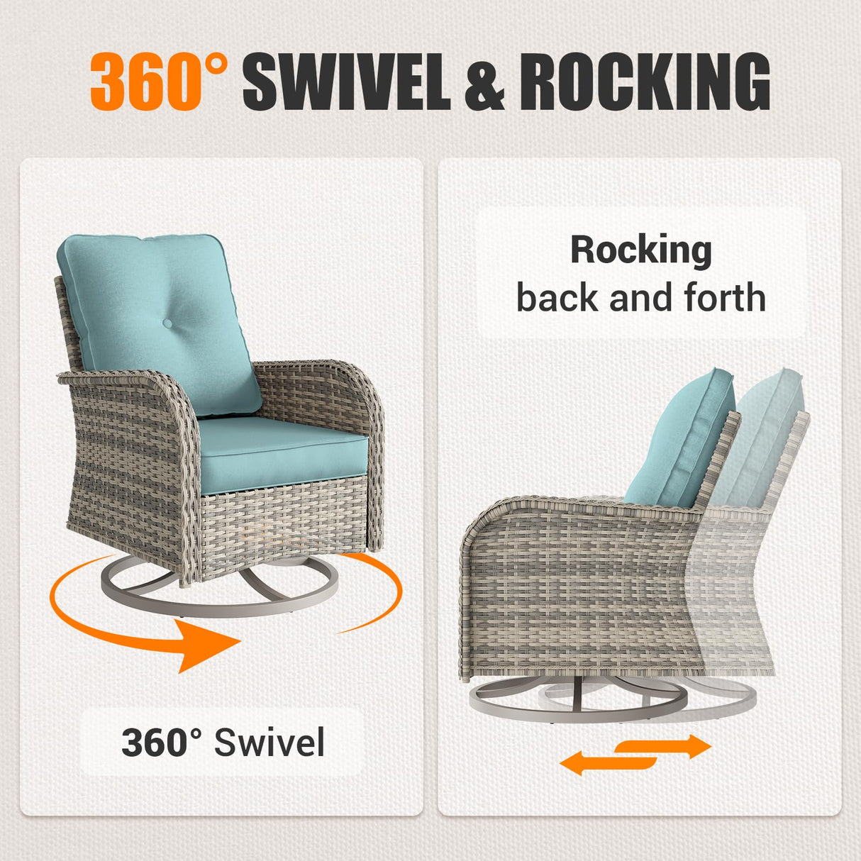 Muphyers 16-Piece Outdoor Patio Furniture Set with Rocking Swivel Chair, PE Wicker Rattan Sectional Sofa Patio Conversation Set with 55,000 BTU Fire Pit Table & Coffee Table, Light Blue Muphyers