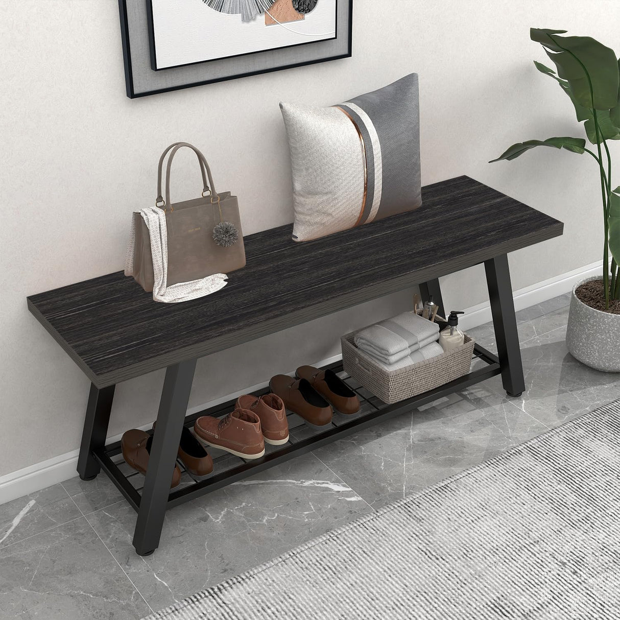 Oastreeful Industrial Entryway Bench Rustic Wood and Metal Storage Bench for Indoor Living Dining Room Bedroom Long Shoe Benches Seat (Charcoal Black) Oastreeful