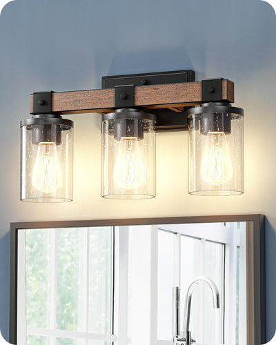 EDISHINE Farmhouse Vanity Lights for Bathroom, 3-Light Bathroom Vanity Light Fixtures Over Mirror, Painted Wood Vintage Bath Wall Sconces Lamp with Bubble Glass Shade for Bathroom, Powder Room