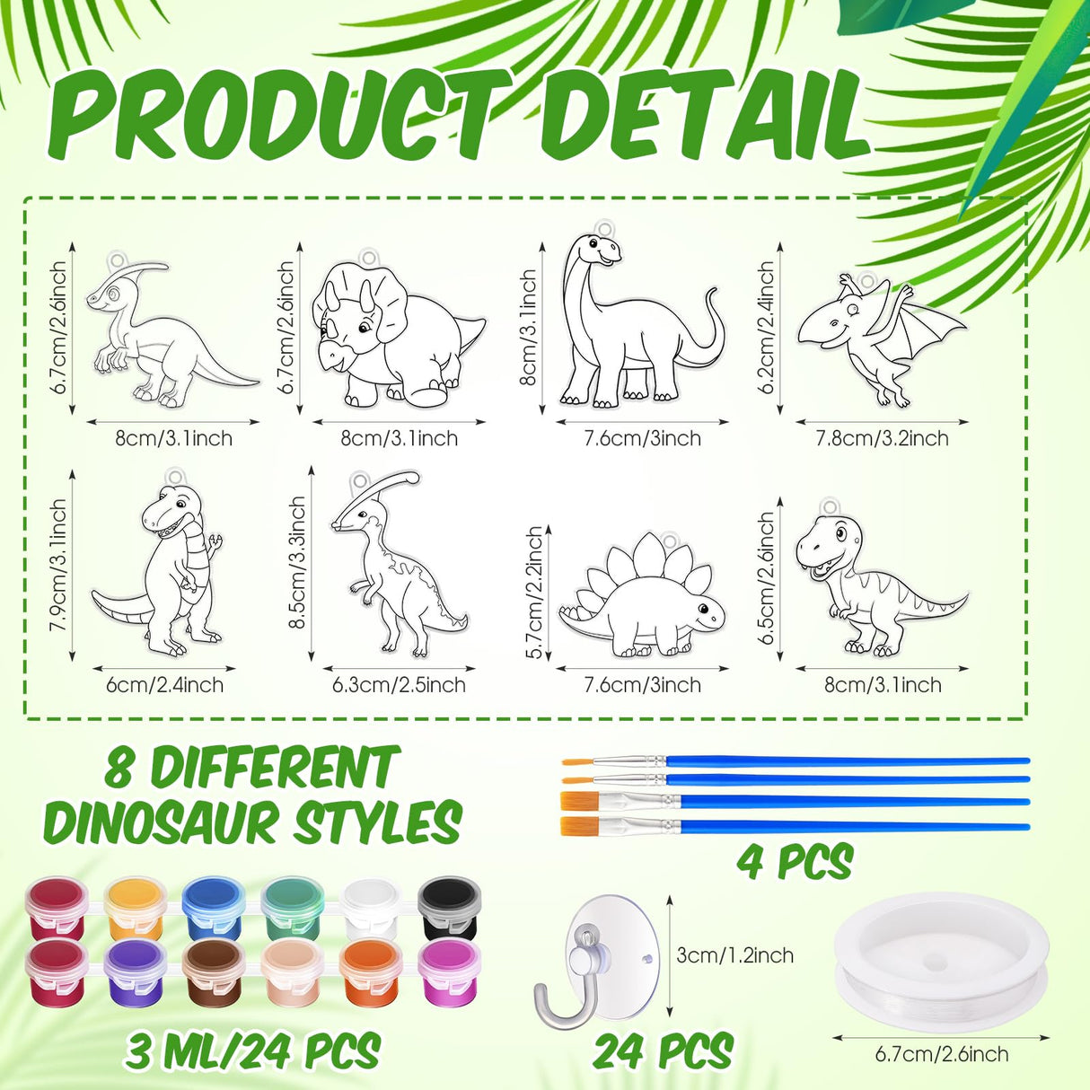 Cholemy 24 Sets Dinosaurs Sun Catcher Kit Include Suncatcher Craft with Paints Suction Cups Fishing Thread, Dinosaurs DIY Window Art Kit Paintable Suncatchers Decorations for Gifts Cholemy