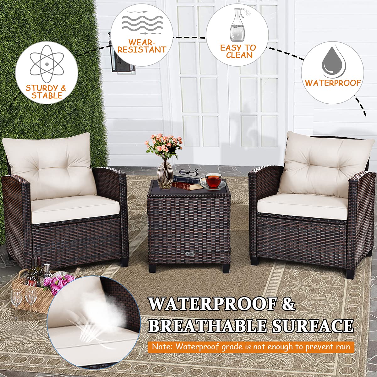 Tangkula 3 Pieces Patio Furniture Set, PE Rattan Wicker 3 Pcs Outdoor Sofa Set w/Washable Cushion and Tempered Glass Tabletop, Conversation Furniture for Garden Poolside Balcony (White) Tangkula