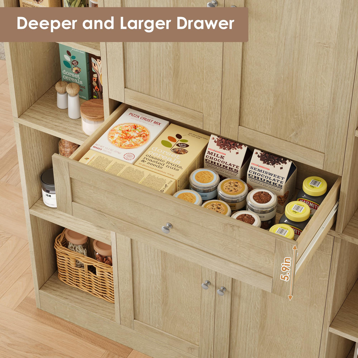 FACBOTALL 71" Tall Pantry Cabinet with Storage, 47'' Wide Freestanding Kitchen Cabinet with Doors & Shelves, Buffet Sideboard with Drawer, Cupboard for Kitchen, Dining Room, Utility Room, Light Oak FACBOTALL