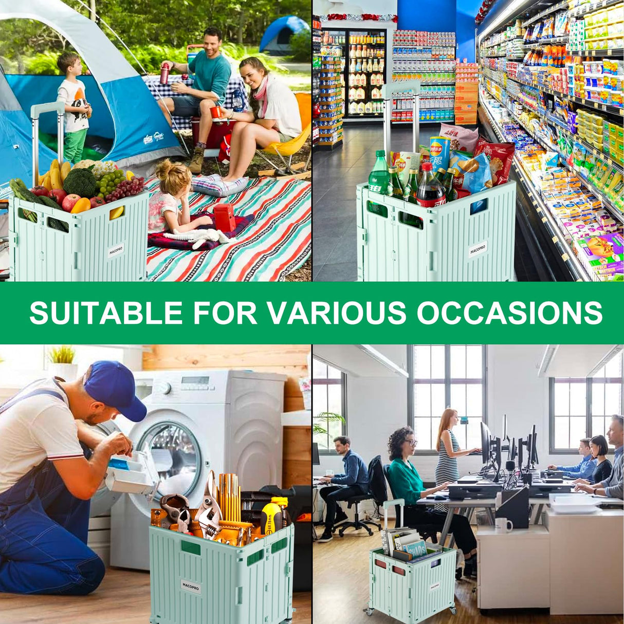 MACOPRO Folding Utility Cart Portable Rolling Crate Handcart Shopping Trolley Collapsible Tool Box, with Lid, Basket on 4 Rotate Wheels, for Grocery, Office, Teacher, Travel Shop Move Luggage (Green) MACOPRO