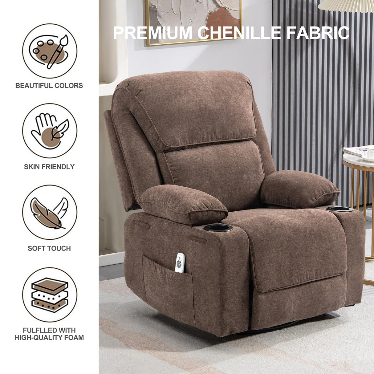 BRTHORY Rocker Recliner Chair with Massage and Heated, 360°Swivel Rocking Manual Recliner Chairs with Cup Holders Remote Control for Living Room (Brown) BRTHORY