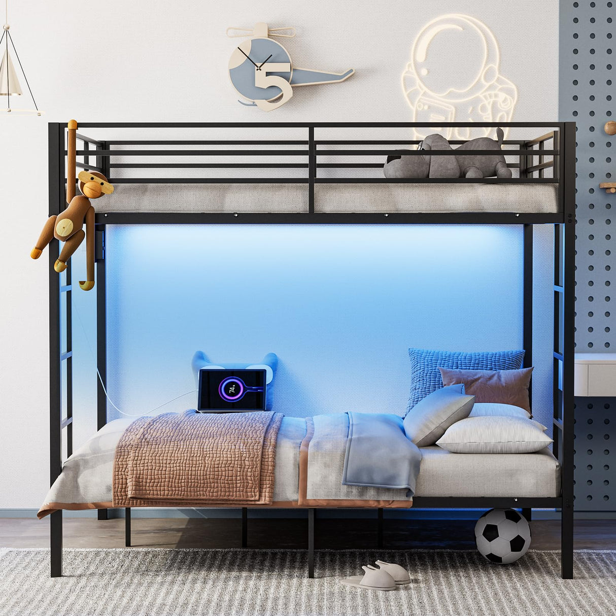 IKIFLY Full Over Full Bunk Beds with LED Lights and Charging Station, Heavy Duty Metal Full Size Bunk Bed Frame, Safety Guardrail & 2 Ladders, Space-Saving Design, No Box Spring Needed, Black IKIFLY