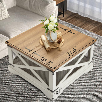 HOKYHOKY Square Coffee Table with Storage, 31.5" Farmhouse Wood Center Table with Hinged Lift Top, Industrial Coffee Table Rustic Rectangle Cocktail Table for Living Room (Distressed White)