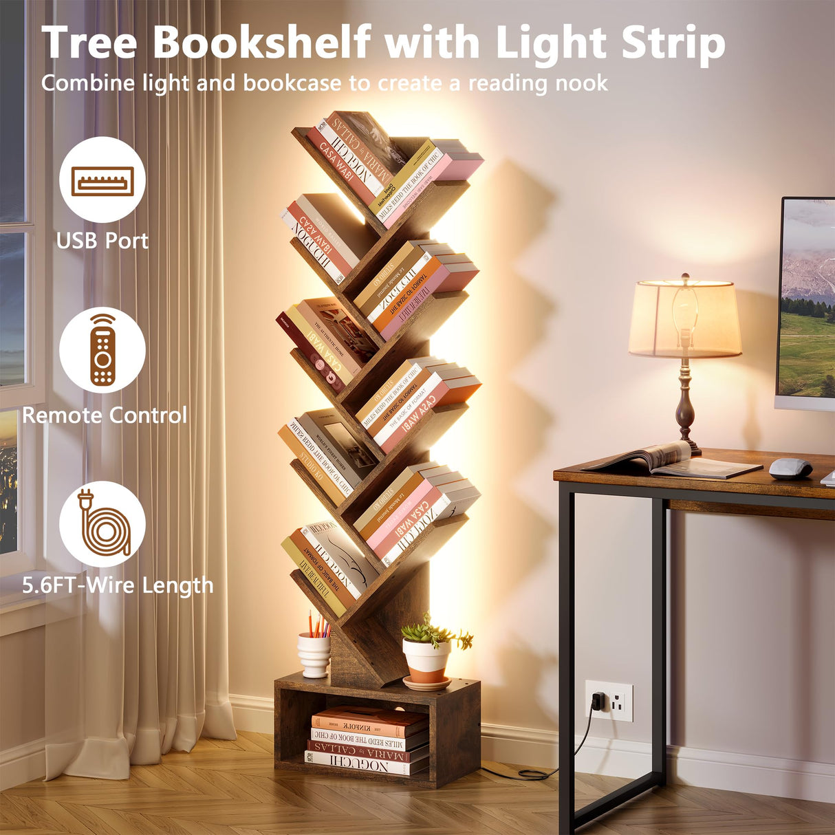Hoctieon 9 Tier Tree Bookshelf, Tall Bookcase, Freestanding Book Shelf with LED Lights, Display Floor Standing Storage Shelf, Book Organizer Shelves for Home Office, Living Room, Rustic Brown Hoctieon