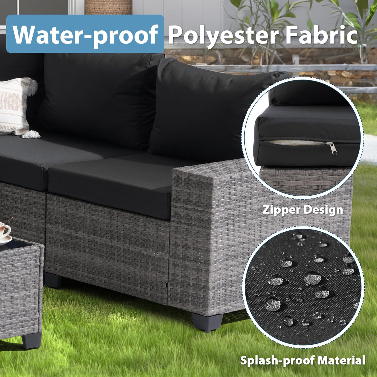 JOIVI 7 Pieces Outdoor Patio Furniture Set with 45” Fire Pit Table, Rattan Patio Sectional Sofa Conversation Set with 50000BTU Propane Fire Pit and Coffee Table for Garden, Backyard, Deck, Black JOIVI