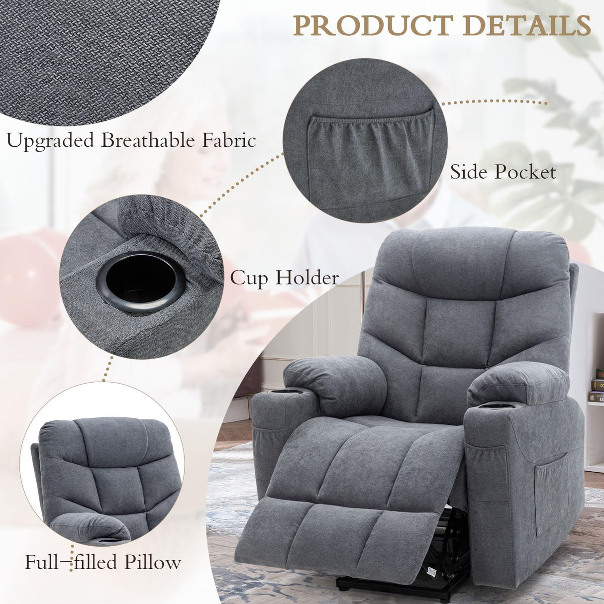 Esright Modern Electric Recliner Chair for Adults, Heavy Duty Power Lift Recliner with Heated Vibration Massage, Side Pockets, USB Charge Port & Cup Holders, Blue Grey Esright