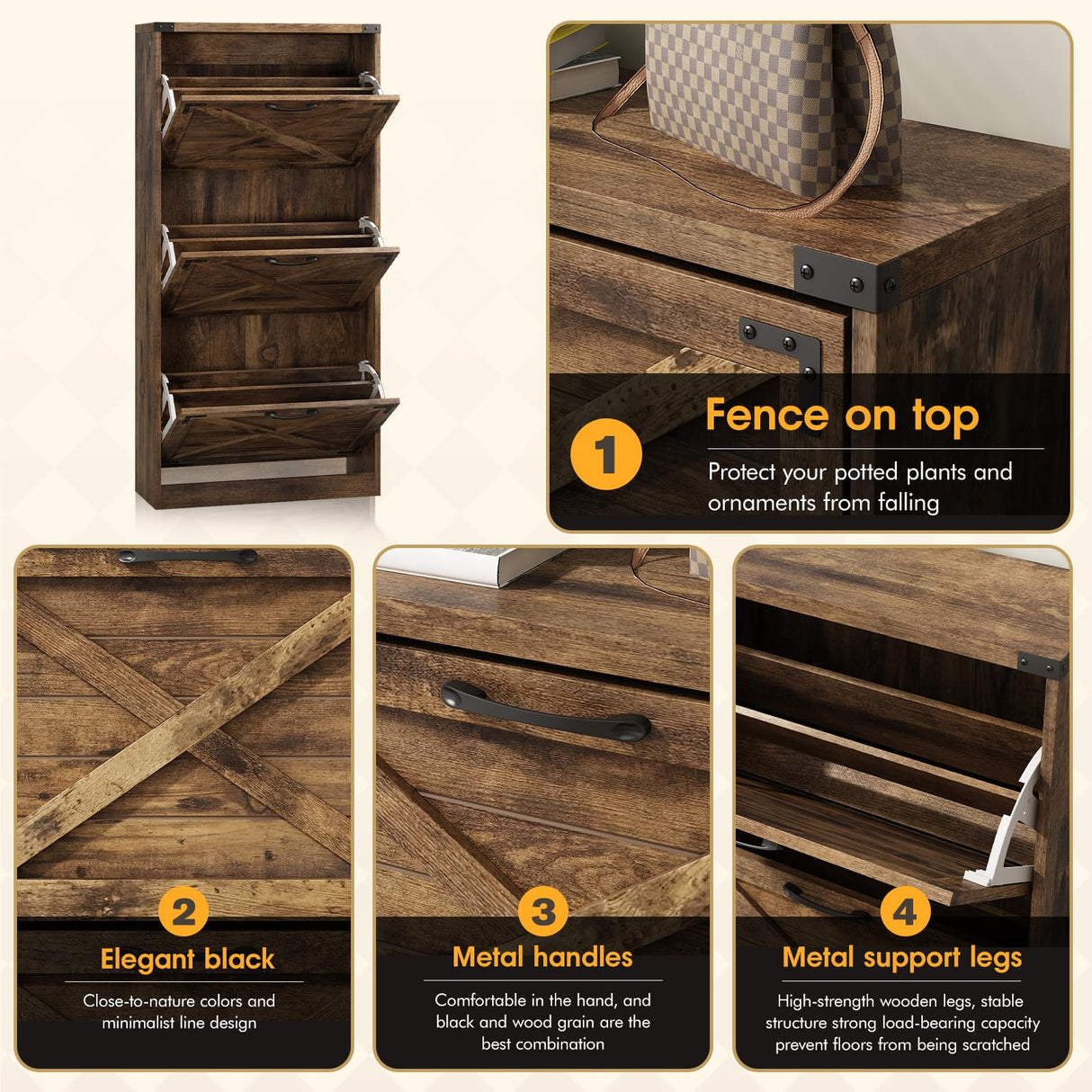 Maupvit 24" W Farmhouse Shoe Cabinet Storage for Entryway, Freestanding Organizer with 3 Flip Drawers, Narrow Shoe Rack Cabinet with Metal Corner Decoration, Rustic Brown Maupvit