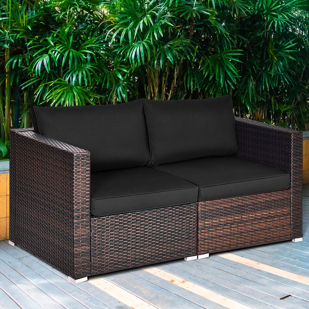Tangkula Wicker Loveseat 2 Piece, Patio Furniture Couch with Removable Cushions, Rattan Loveseat Sofa for Balcony, Deck, Garden and Poolside Tangkula