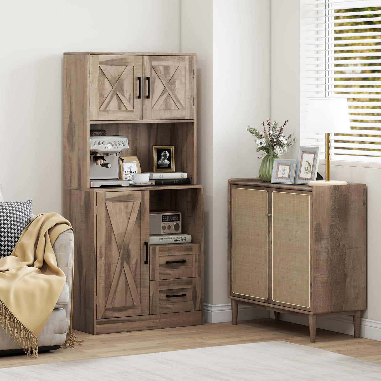 HOMCOM 60" Tall Kitchen Pantry Cabinet, Farmhouse Freestanding Hutch with Microwave Oven Countertop, Kitchen Storage Cabinet with Barn Doors & Drawers, Buffet with Adjustable Shelves, Gray Wash HOMCOM