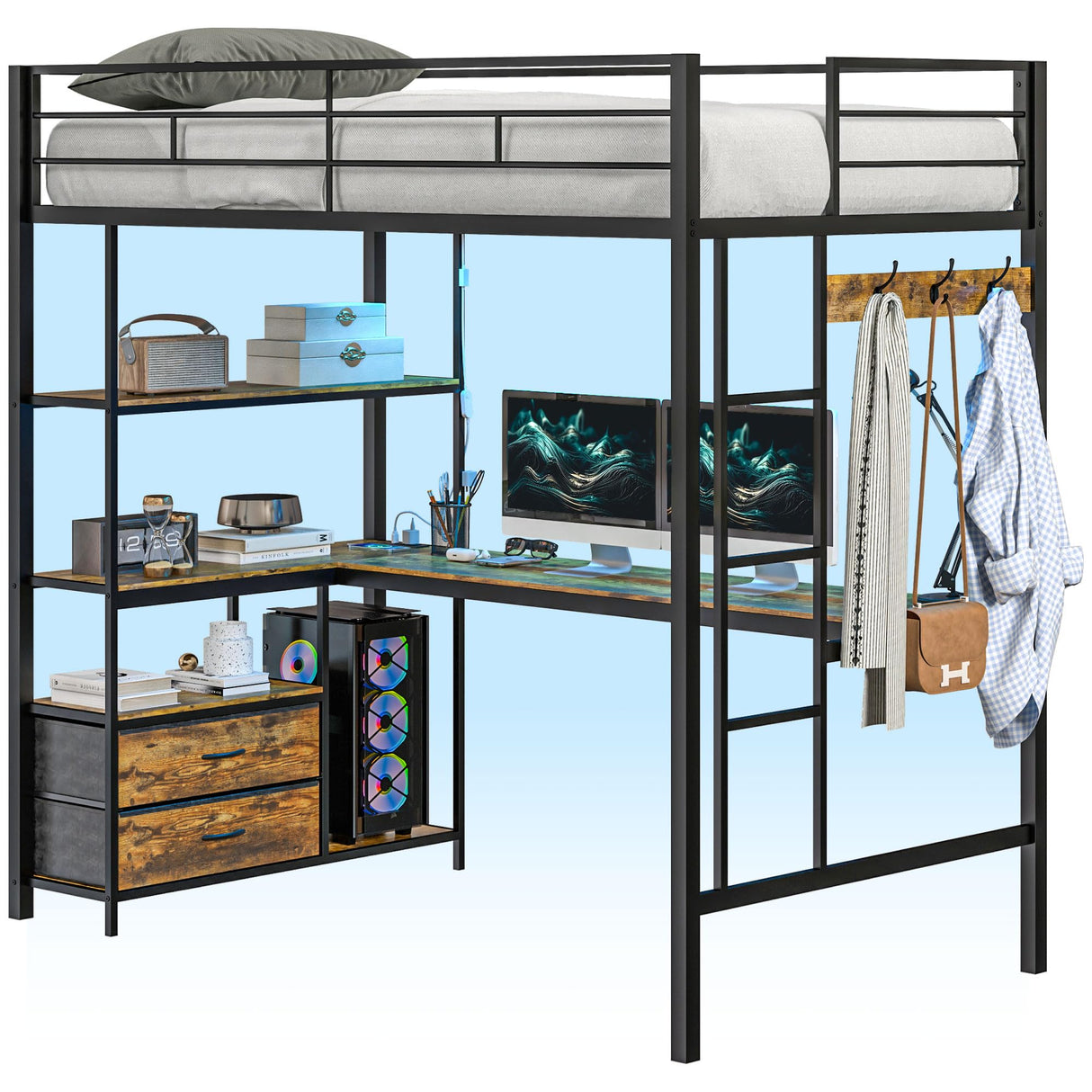 HOMCOM Metal Loft Bed Twin Size with L-Shaped Desk, LED Lights, Charging Station, for Teens Adults, Twin Loft Bed Frame with Fabric Drawers, Guardrail, Ladder, Noise Free, No Box Spring Needed, Black HOMCOM